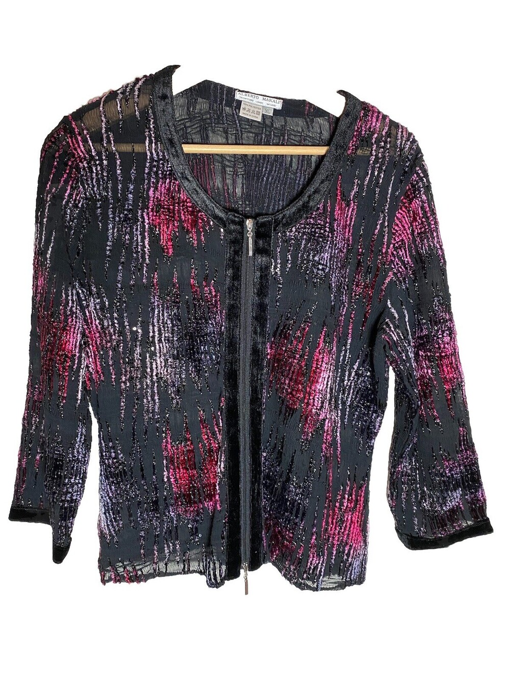 Alberto Makali Sz. XL Jacket Semi Sheer Sparkly Black Crinkle Zip Gauze Chenille
